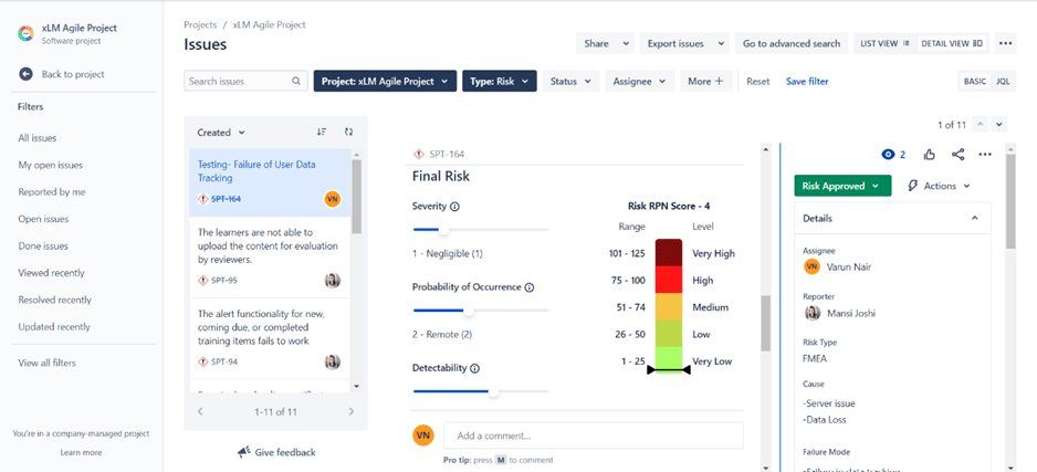 Risk detail view with automated RPN calculations and pre- and post-mitigation values for compliance reporting.