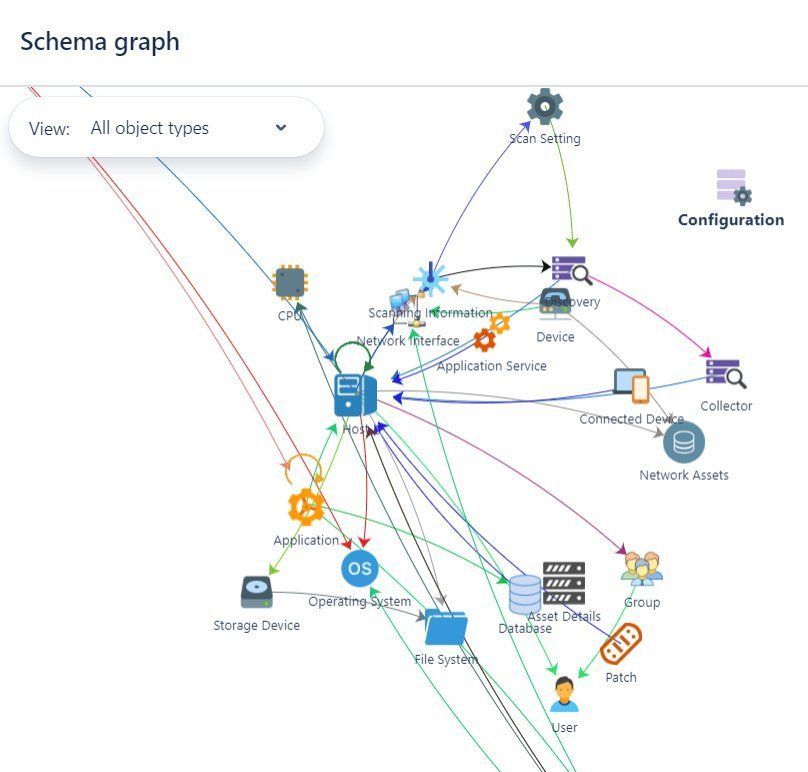 IT configuration schema graph showing device, application, and network object types