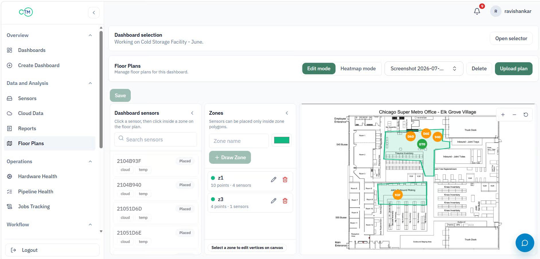 cTM dashboard showing floor plans, temperature sensors, mapped zones, and sensor placement for cold storage monitoring