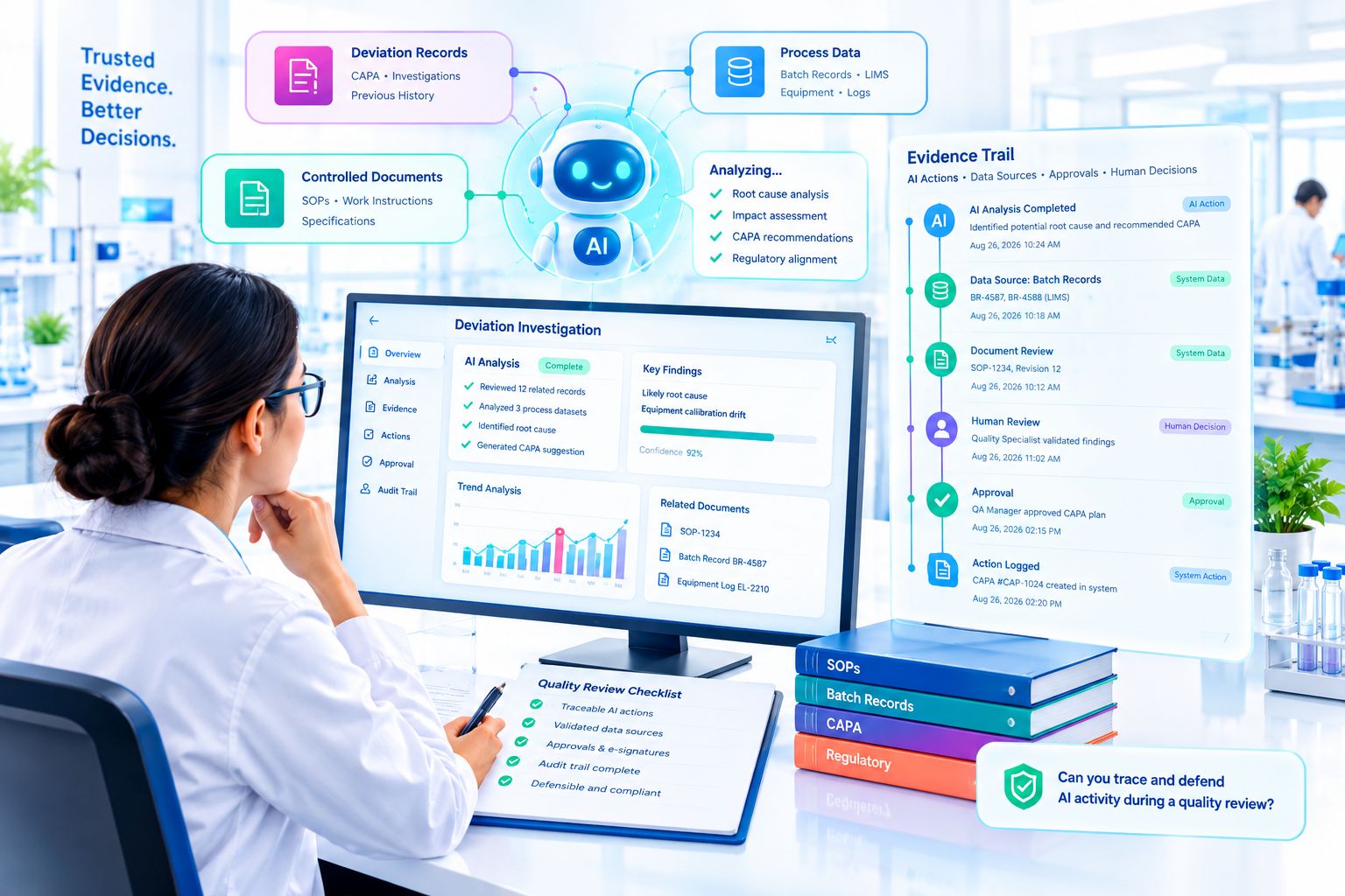 AI in GxP showing operational evidence, traceability, human oversight, and quality review