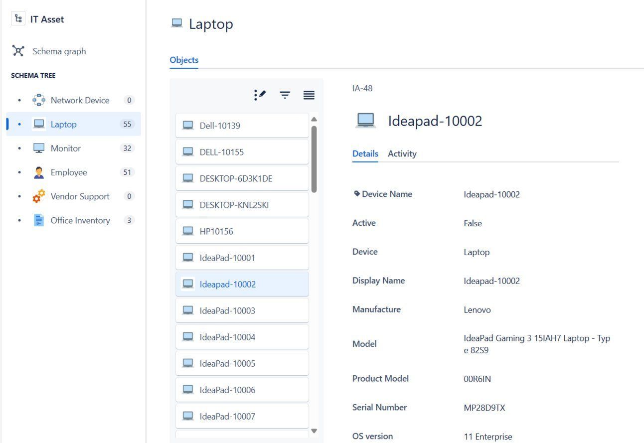 IT asset dashboard in ContinuousSM showing specs for Lenovo Ideapad-10002 laptop