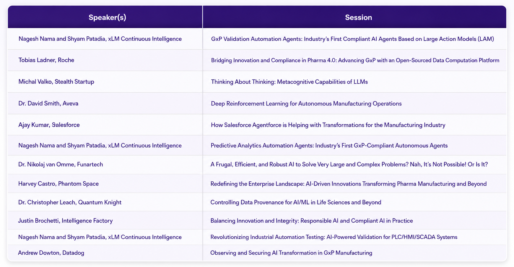 Conference agenda featuring AI, GxP manufacturing, pharmaceutical innovation, and expert speaker sessions