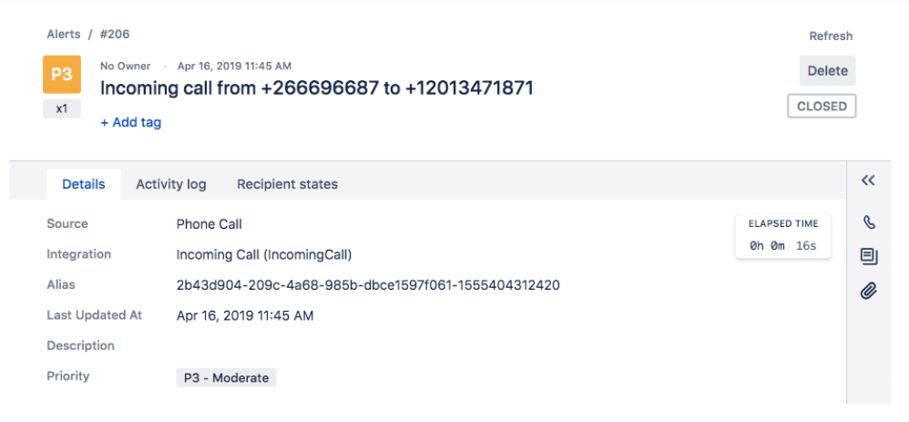 Closed alert for incoming support call logged as P3 priority with resolution time tracking in IT operations system