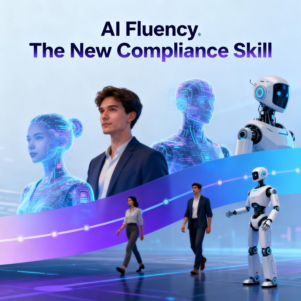 Professionals and agents walking together, symbolizing AI fluency as the new compliance skill