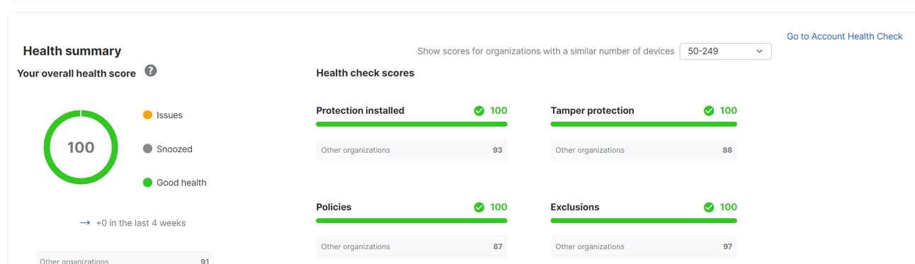 Endpoint health dashboard showing 100% scores for protection, policies, and tamper control