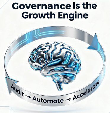 Digital brain encircled by “Audit → Automate → Accelerate,” symbolizing AI governance driving GxP innovation and growth.