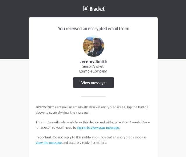 Bracket encrypted email notification demonstrating secure message access and 21 CFR Part 11 compliance