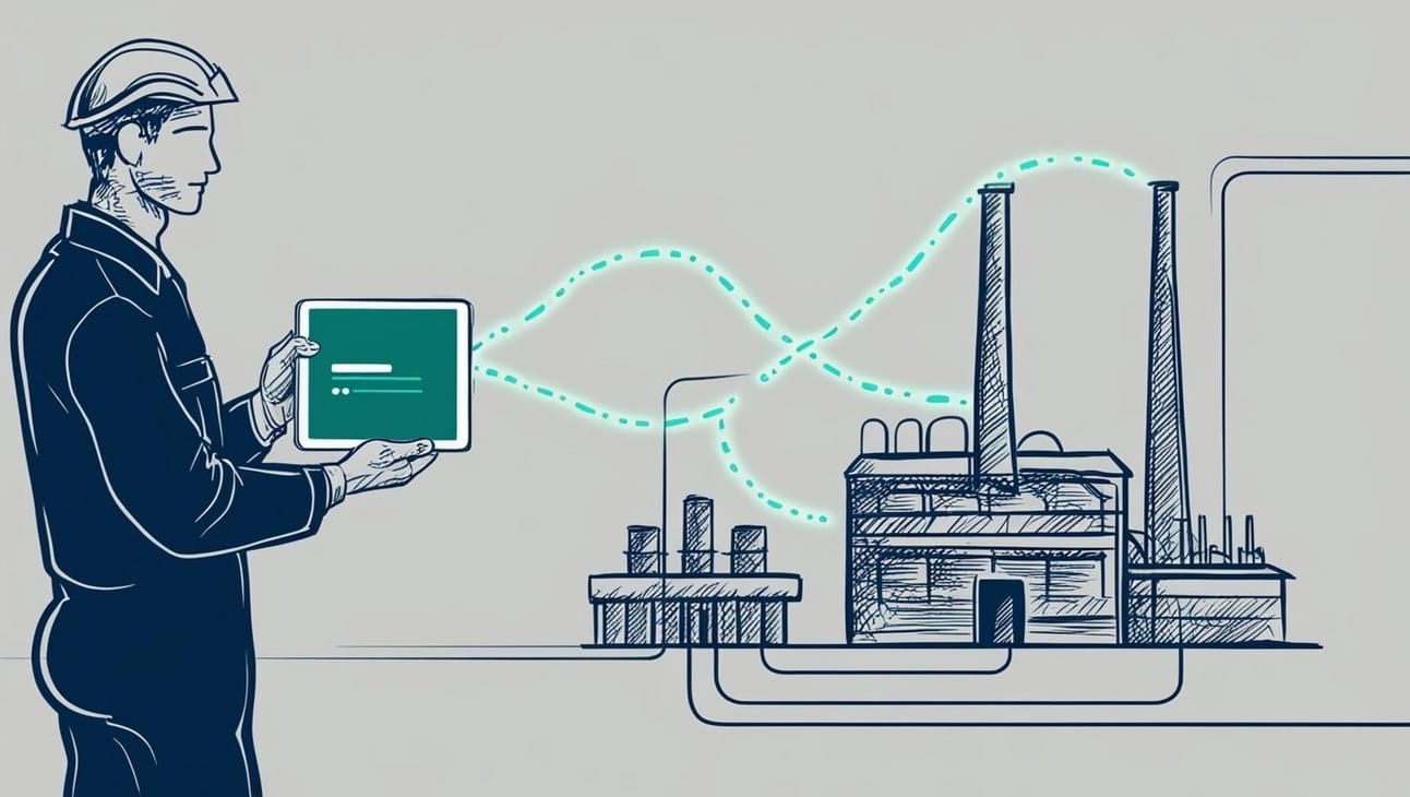 Factory worker monitors real-time smart manufacturing data on tablet in connected plant