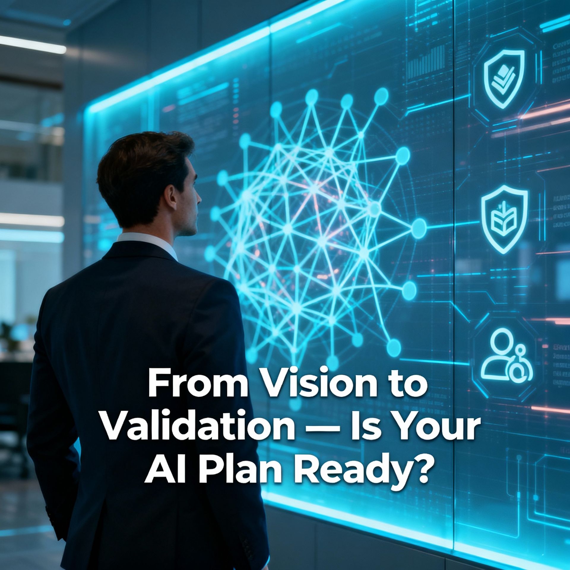 Professional viewing AI network on screen symbolizing transition from AI vision to validation plan
