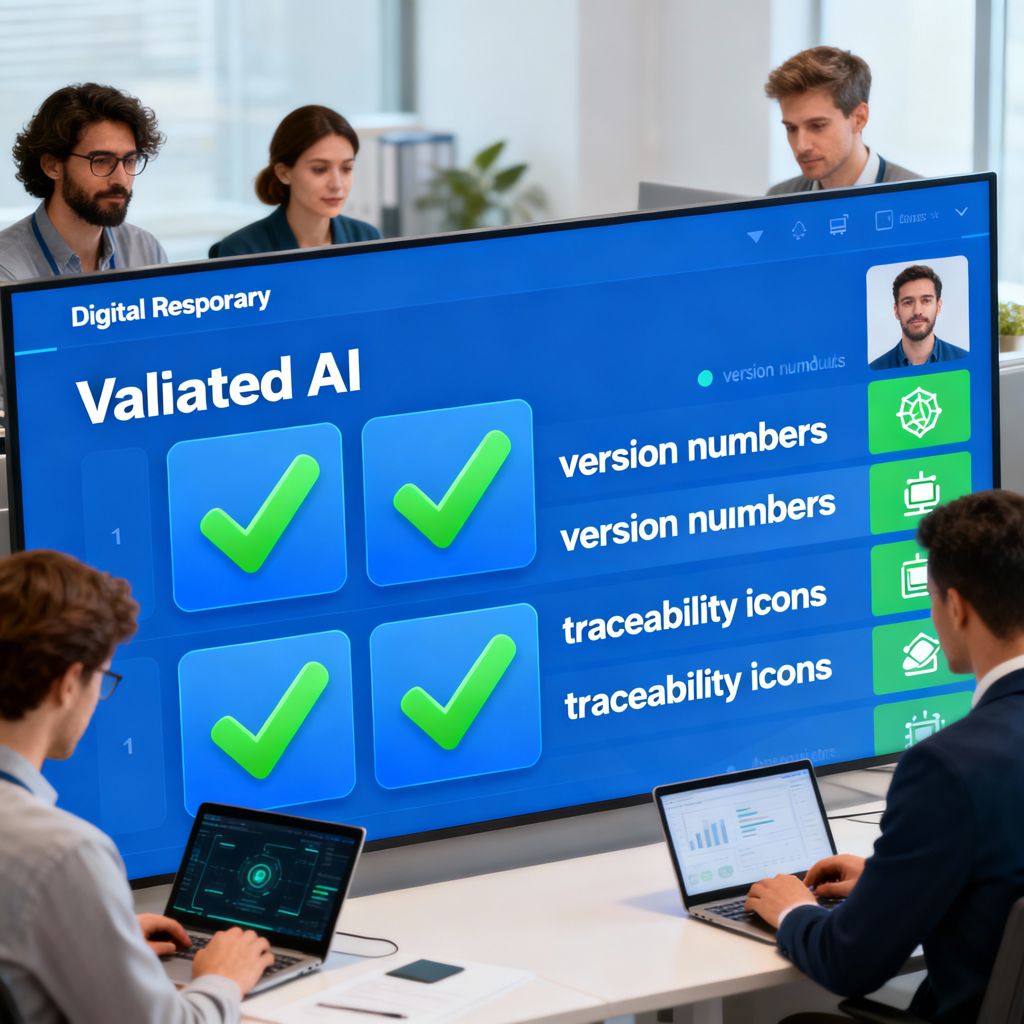 Professionals analyzing validated AI dashboard showing version control and traceability metrics