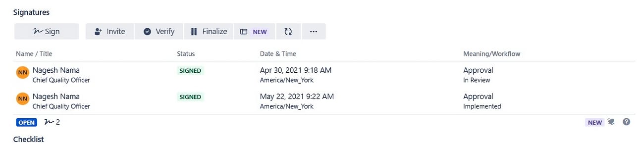 Digital approvals by Chief Quality Officer with timestamps ensuring workflow compliance and traceability