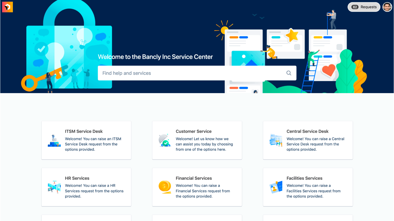 Service desk homepage with search bar and categories for IT, HR, finance, and support services