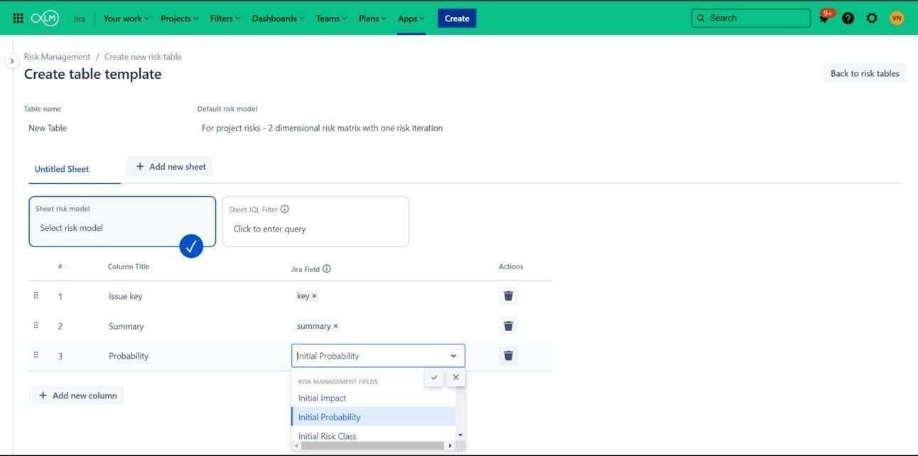 Risk table column customization screen showing field mapping options for pharmaceutical validation projects
