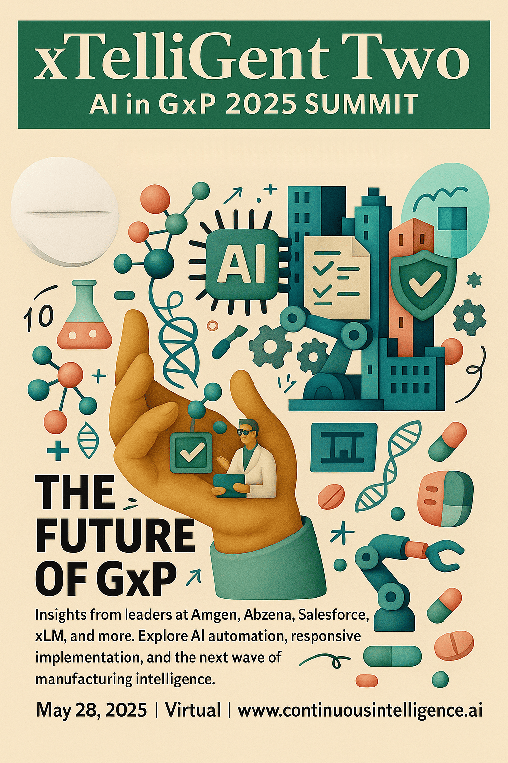 Poster for xTelliGent Two 2025 Summit with AI, DNA, robotic arm, compliance icons, and life sciences logos