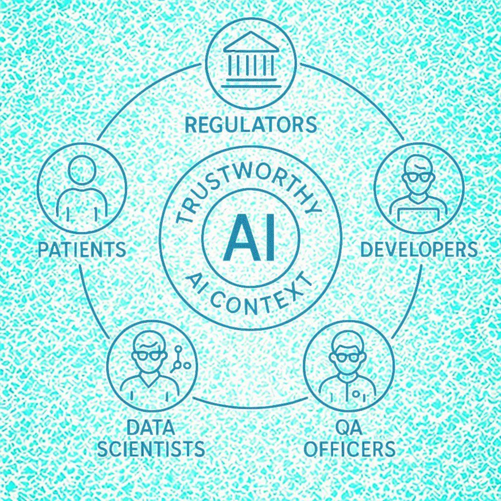 Trustworthy AI governance context showing regulators, developers, QA officers, data scientists, and patients