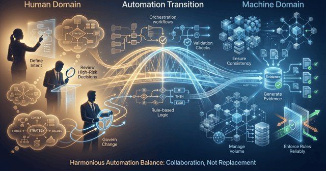 Human decision-making transitioning to governed automation and machine-executed systems