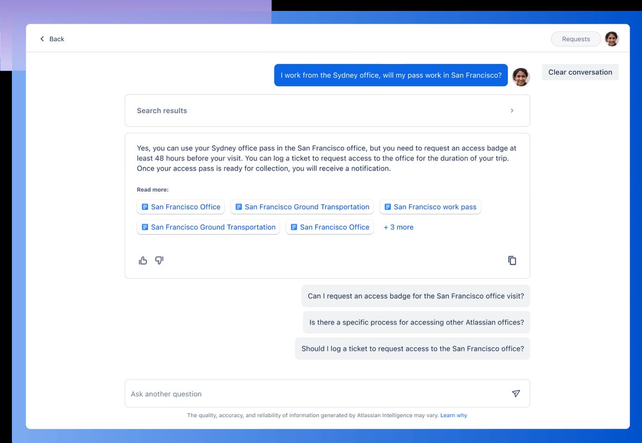 AI chatbot answers office access question and links internal knowledge base articles