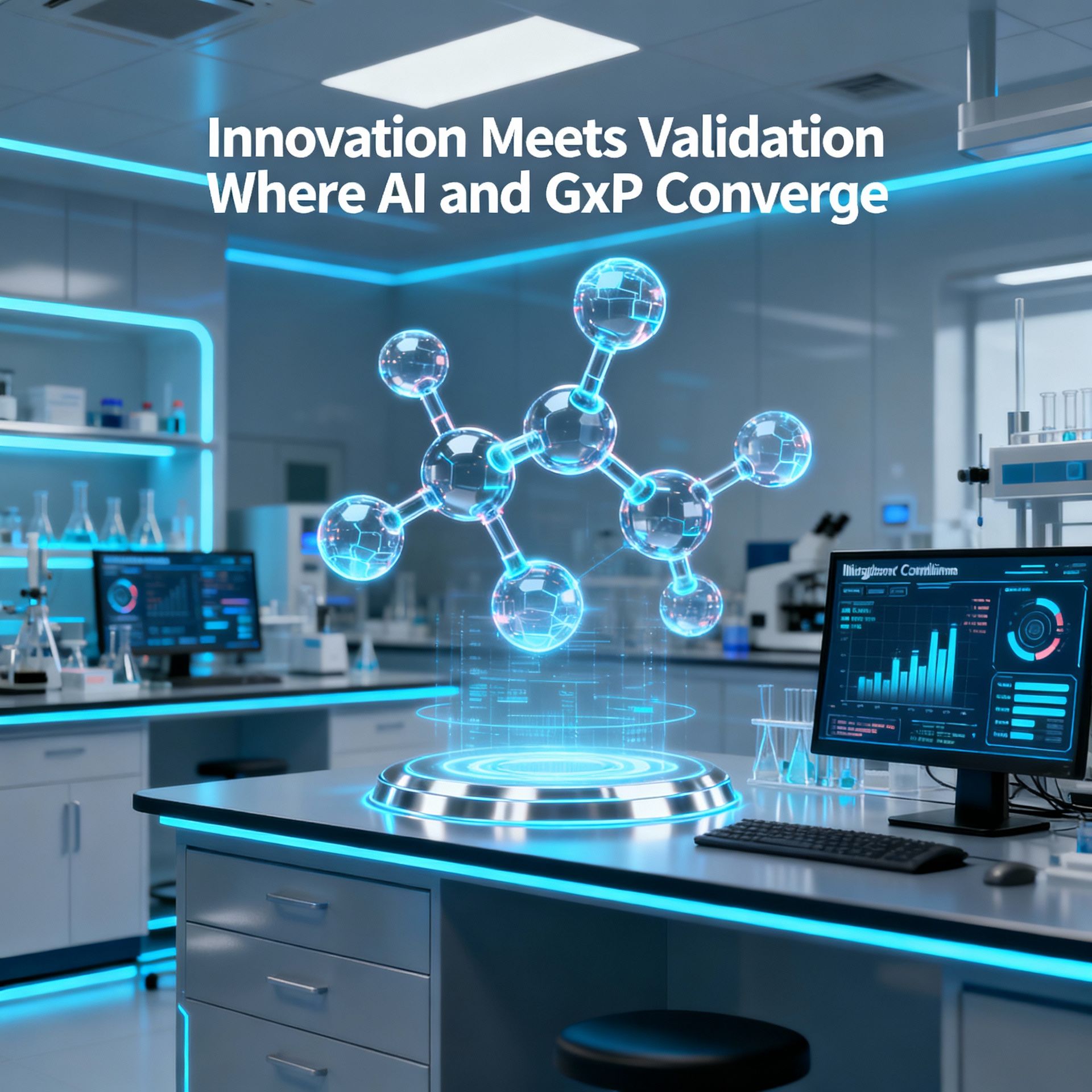 Futuristic pharma lab with holographic molecules and AI analytics, showcasing AI-powered GxP validation.