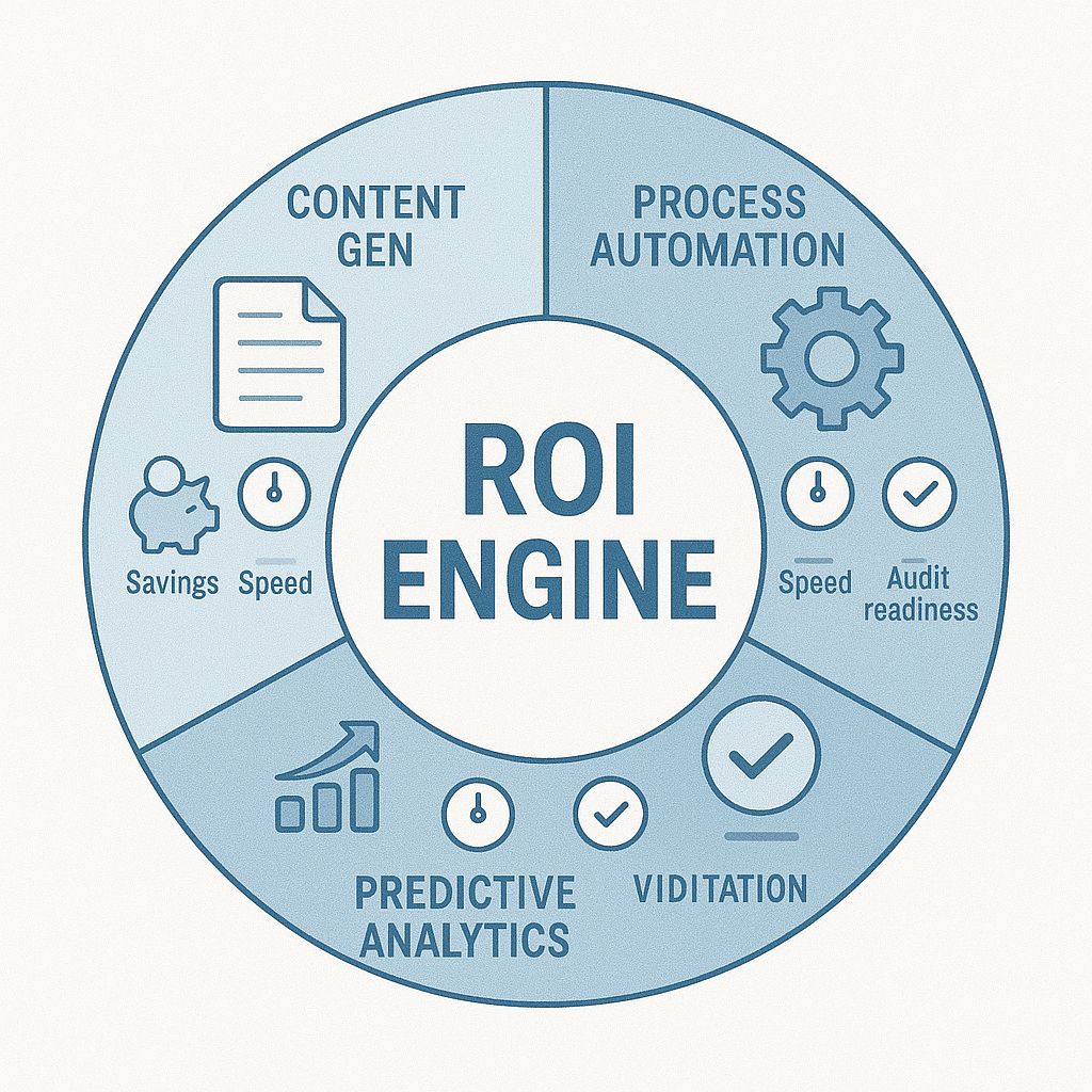 ROI Engine linking automation, validation, content gen, and analytics