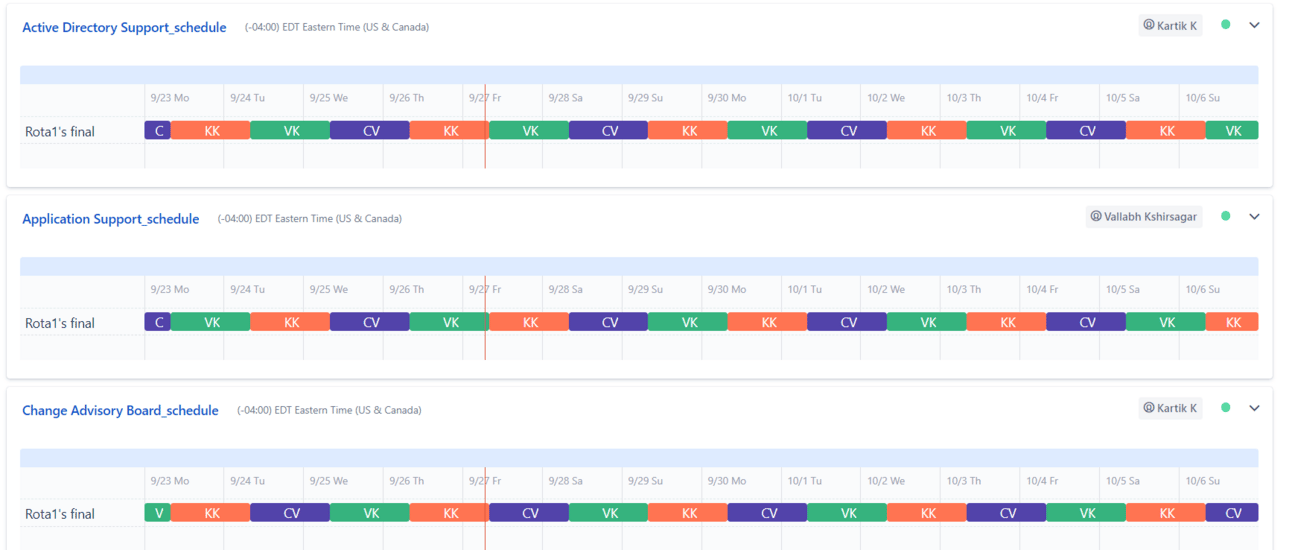 Three-team support rotation schedules for Windows, Linux, and VMware teams managing on-call coverage and escalation