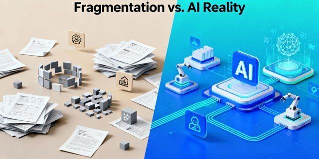 Comparison of fragmented manual processes versus integrated AI workflows with automation and data flow