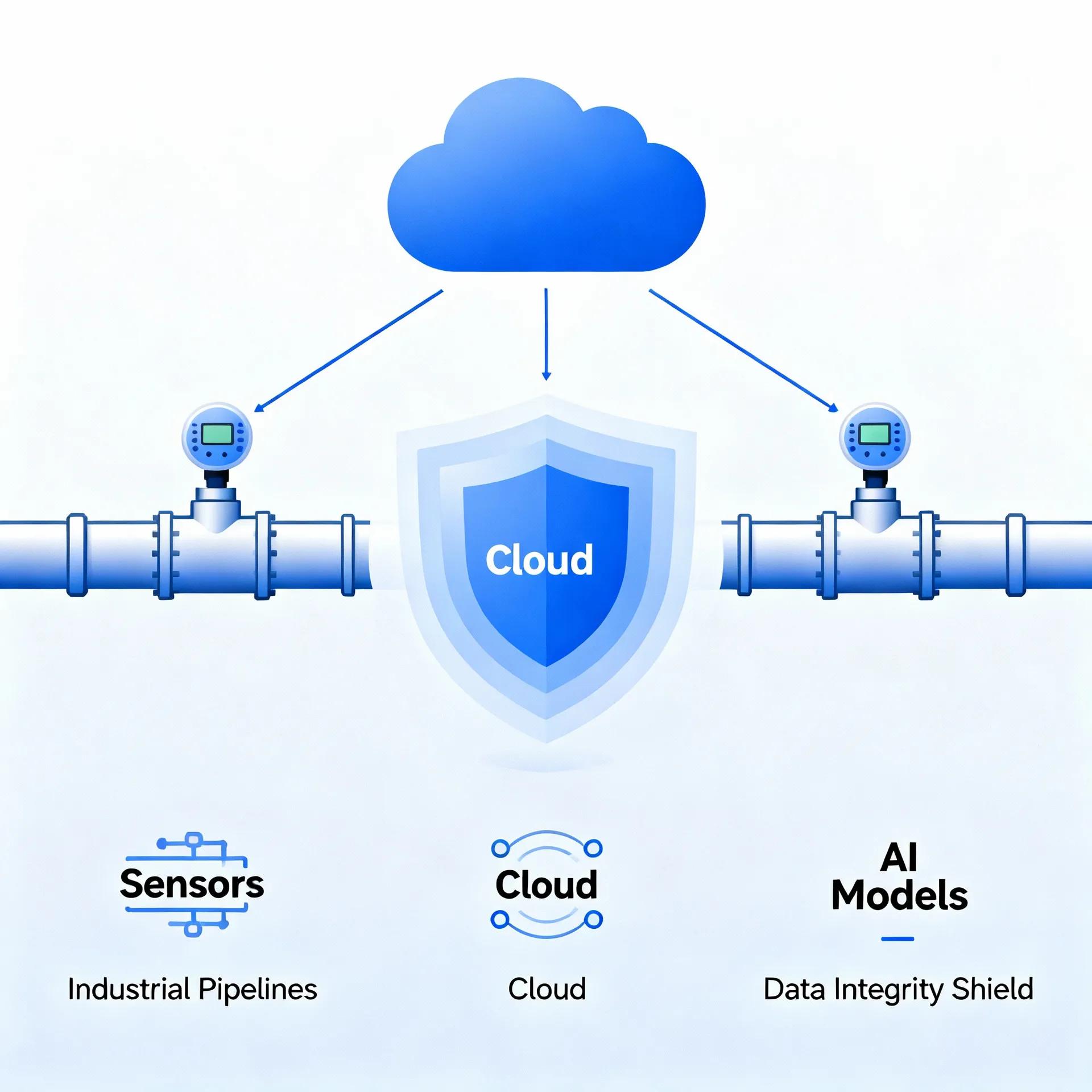 Data integrity shield connecting industrial sensors, cloud, and AI models for secure data flow