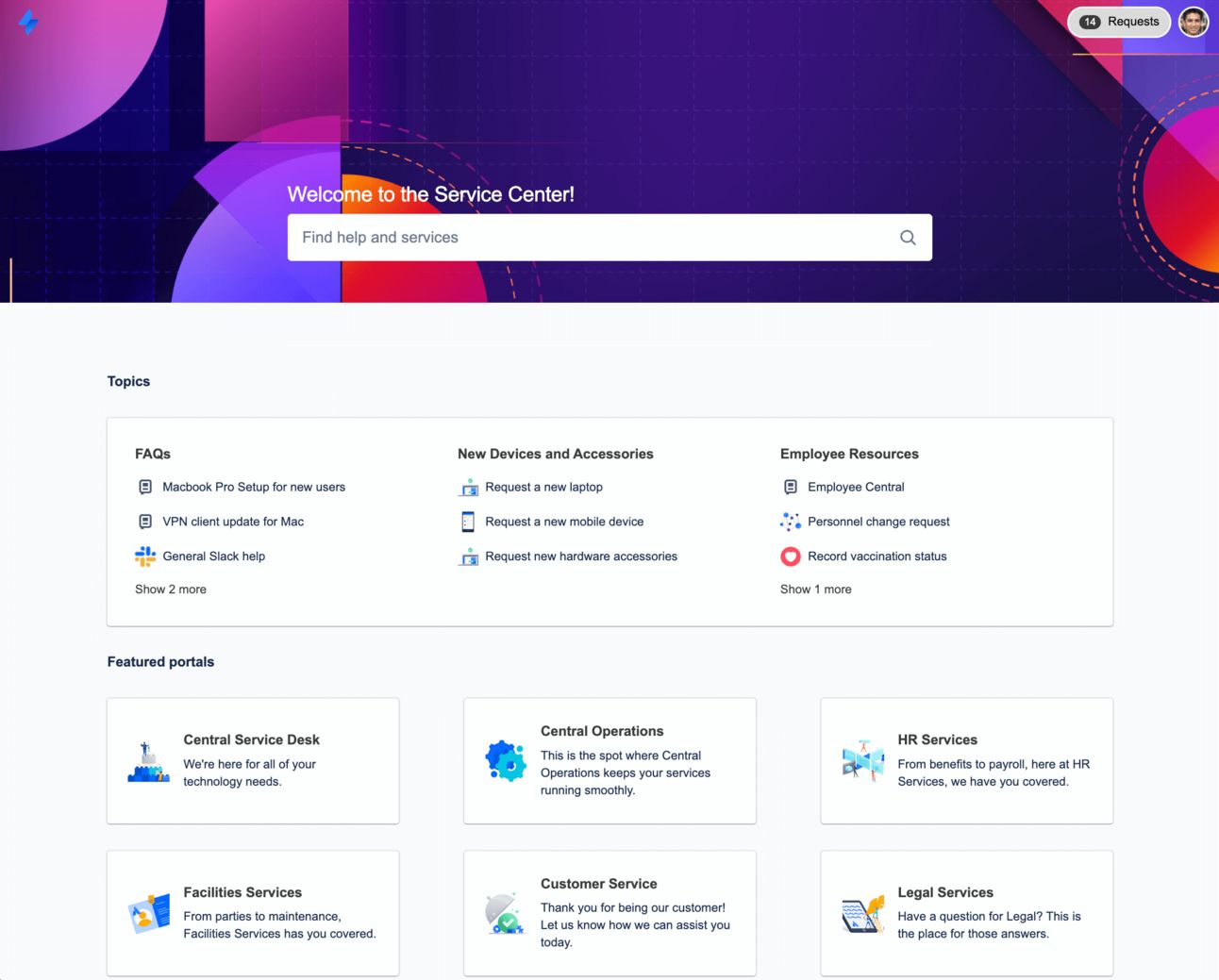 Service Center homepage with search bar and quick links to HR, IT, Legal, and Facilities
