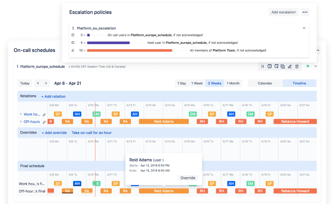 On-call schedule and escalation policy timeline for continuous 24x7 IT support and incident management coverage