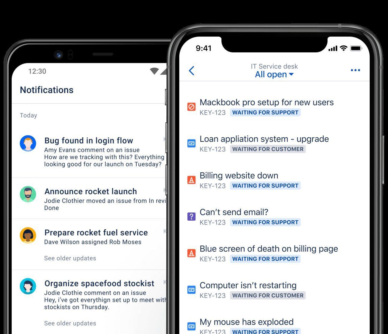 Mobile app interface showing IT support ticket statuses and notifications on two phones