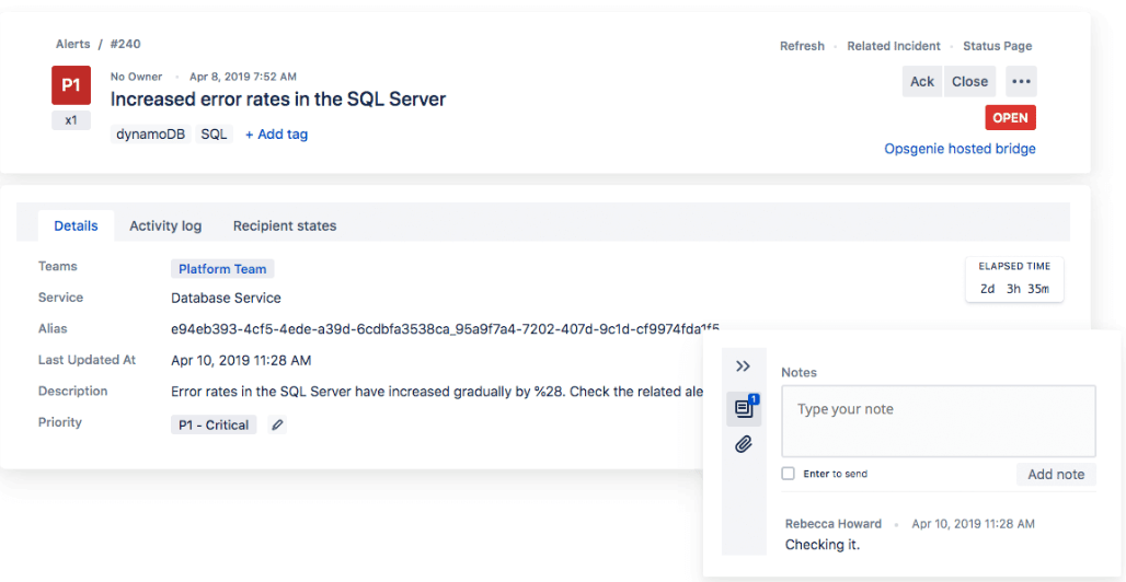 Critical SQL Server alert in ITOM assigned to Platform Team with real-time status updates and incident tracking