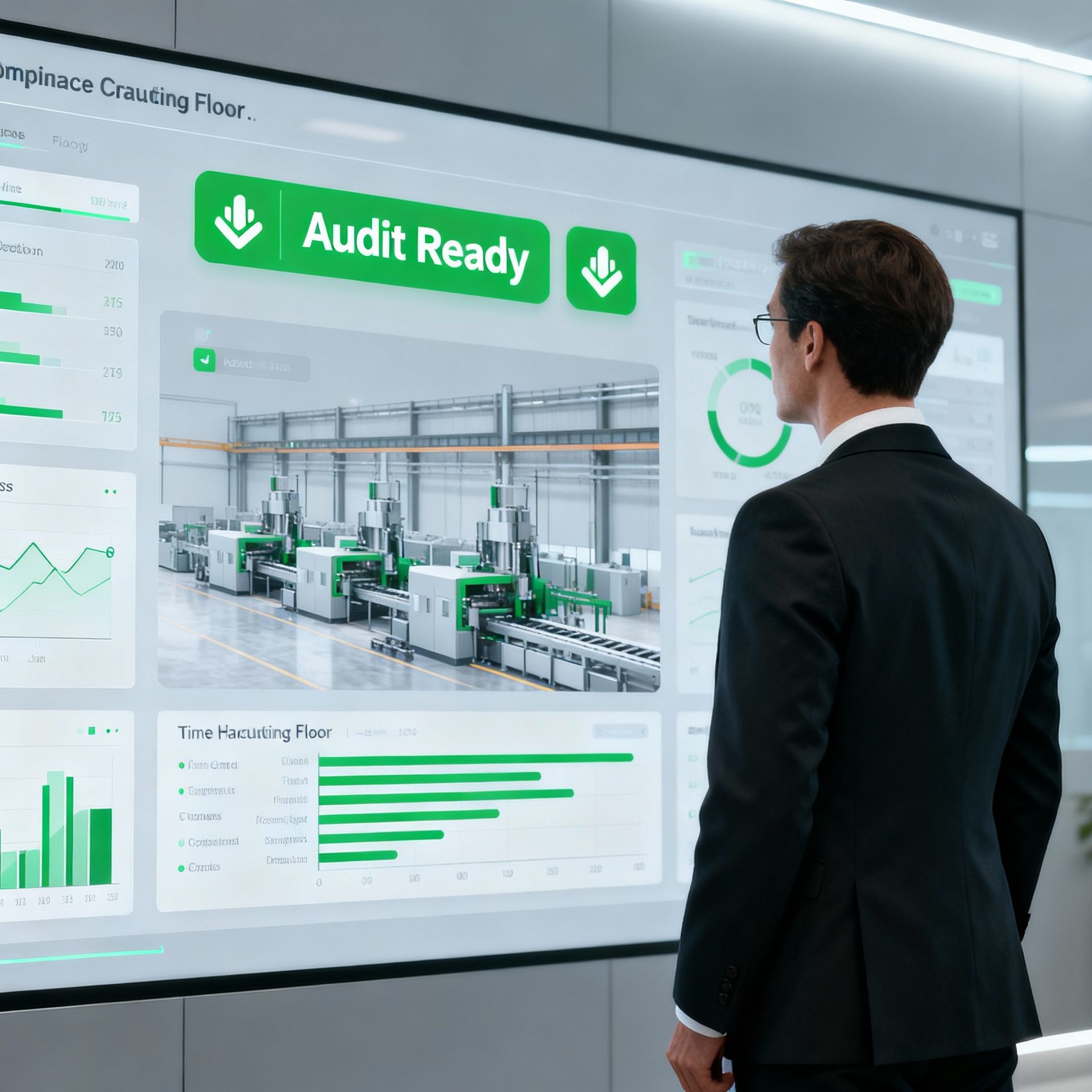 Digital dashboard showing audit-ready smart factory with continuous data integrity monitoring