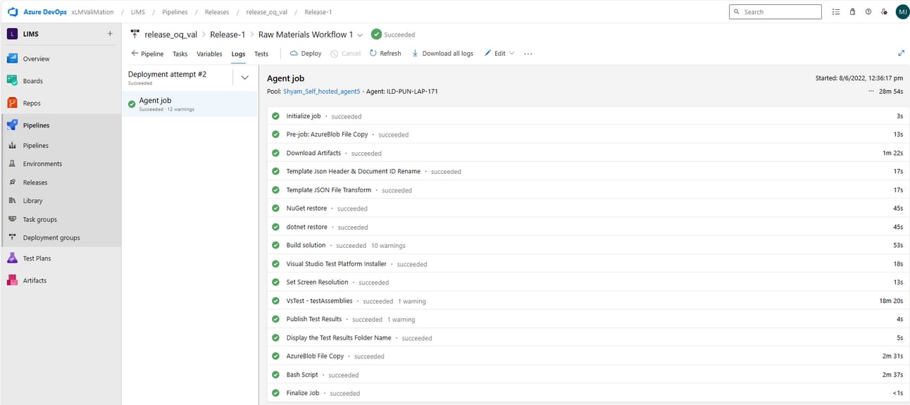 Azure DevOps deployment log for LIMS Raw Materials Workflow showing successful agent job execution