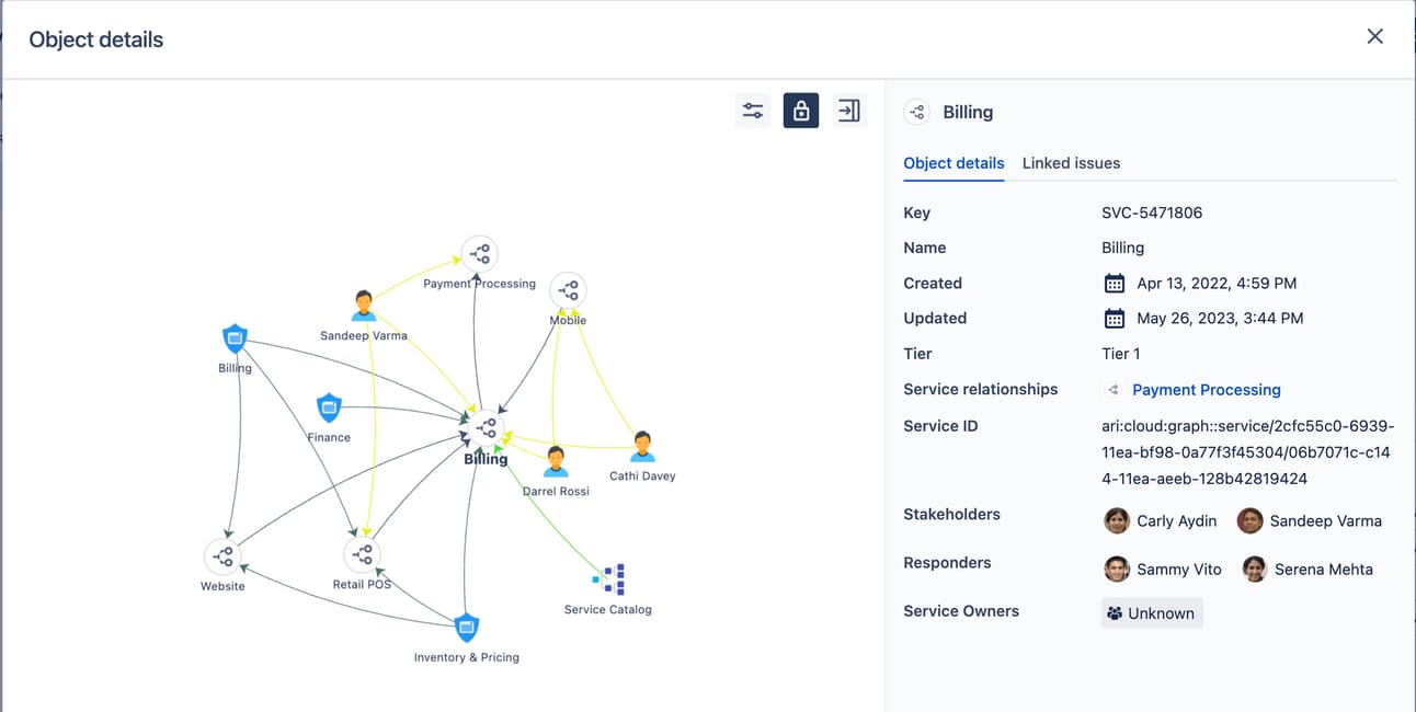 Service dependency graph for Billing showing linked services, owners, and metadata