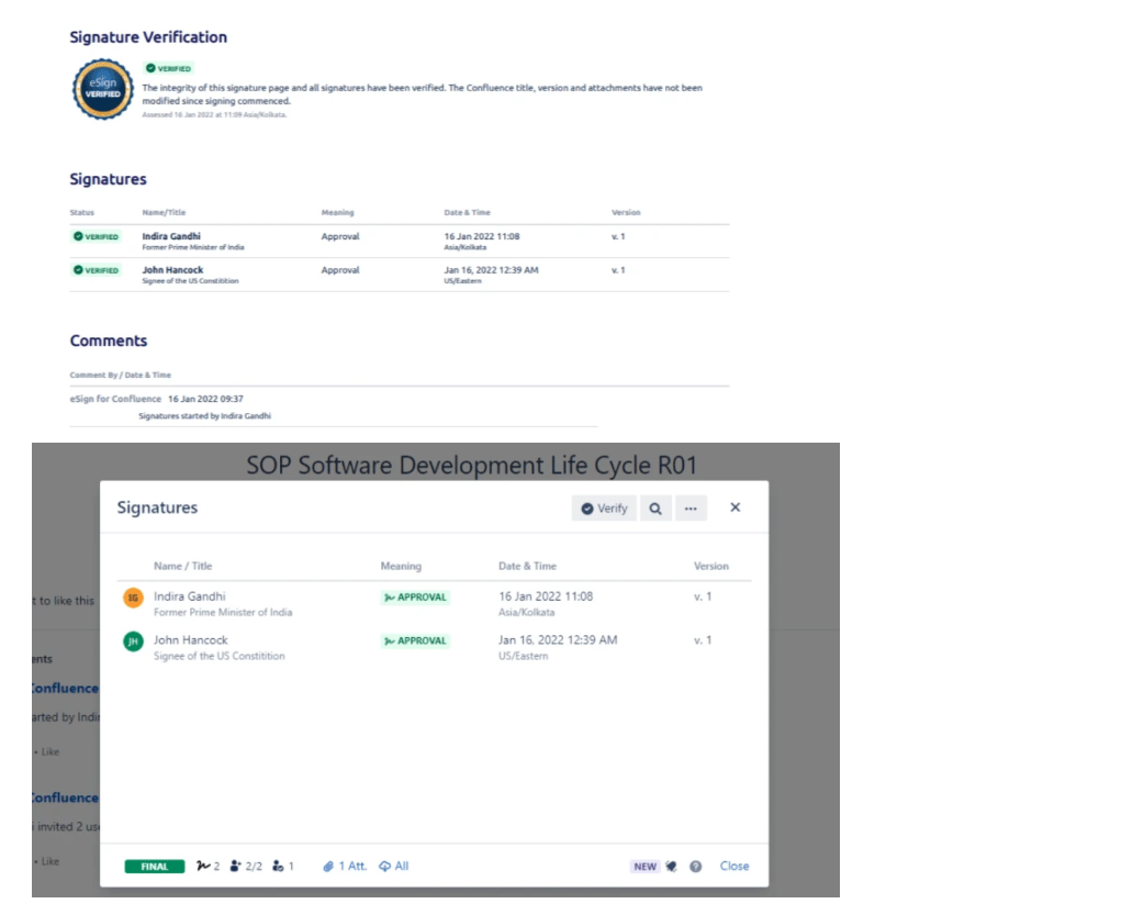 Verified digital signatures in ContinuousDM showing approval status, timestamps, and version history