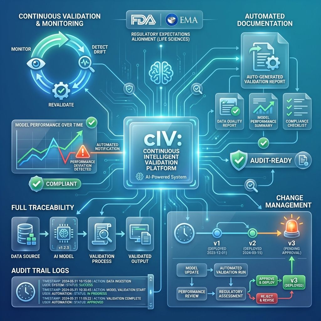 Continuous Intelligent Validation Platform for AI in GxP with FDA EMA Compliance