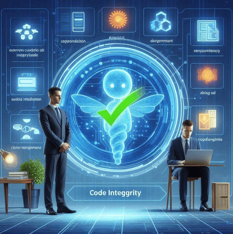 GxP-compliant code integrity represented by digital caduceus, green check, and software professionals