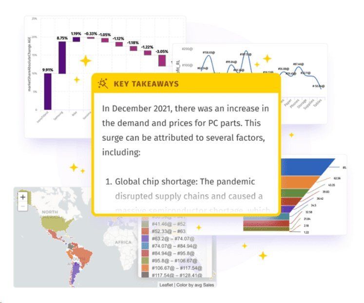 Analytics dashboard with AI-generated key takeaways overlayed on GxP manufacturing charts