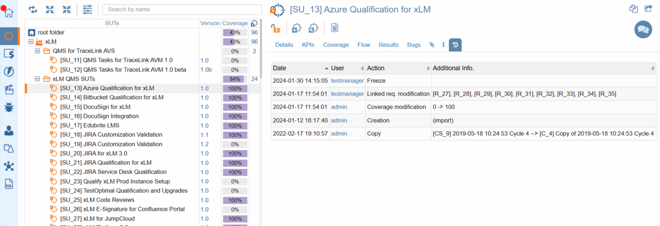 ContinuousALM audit trail and version history view providing full traceability for system requirements and changes