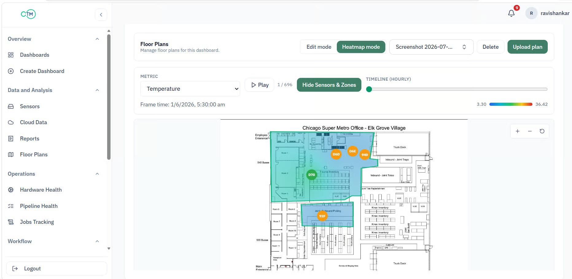 cTM temperature heatmap showing sensor readings, temperature ranges, and monitored zones on a cold storage floor plan