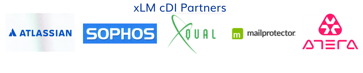 xLM cDI technology partners including Atlassian, Sophos, XQual, Mailprotector, and Atera