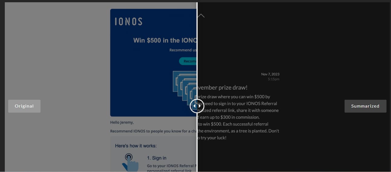Email split screen showing a promotional message alongside an AI-generated summary for faster review