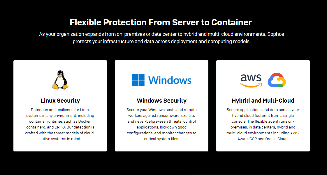 Three-panel display showing Linux, Windows, and cloud server security for containerized protection