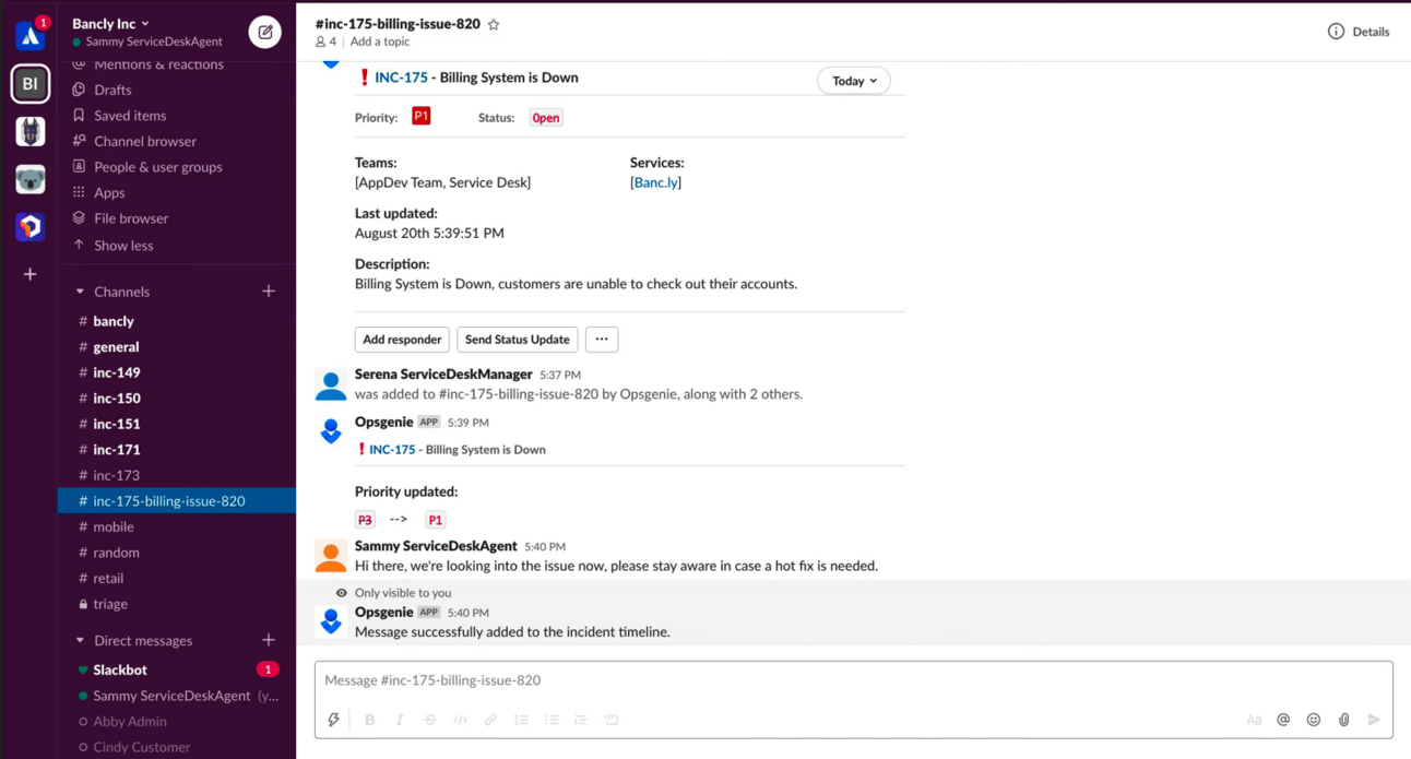 Slack channel showing P1 incident updates for “Billing System Down” alert with real-time team coordination