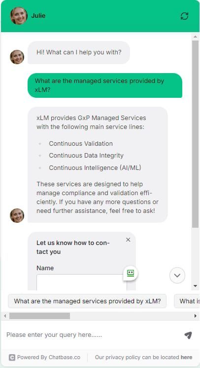 Chatbot Julie displaying xLM managed services: Validation, Data Integrity, and AI-powered insights