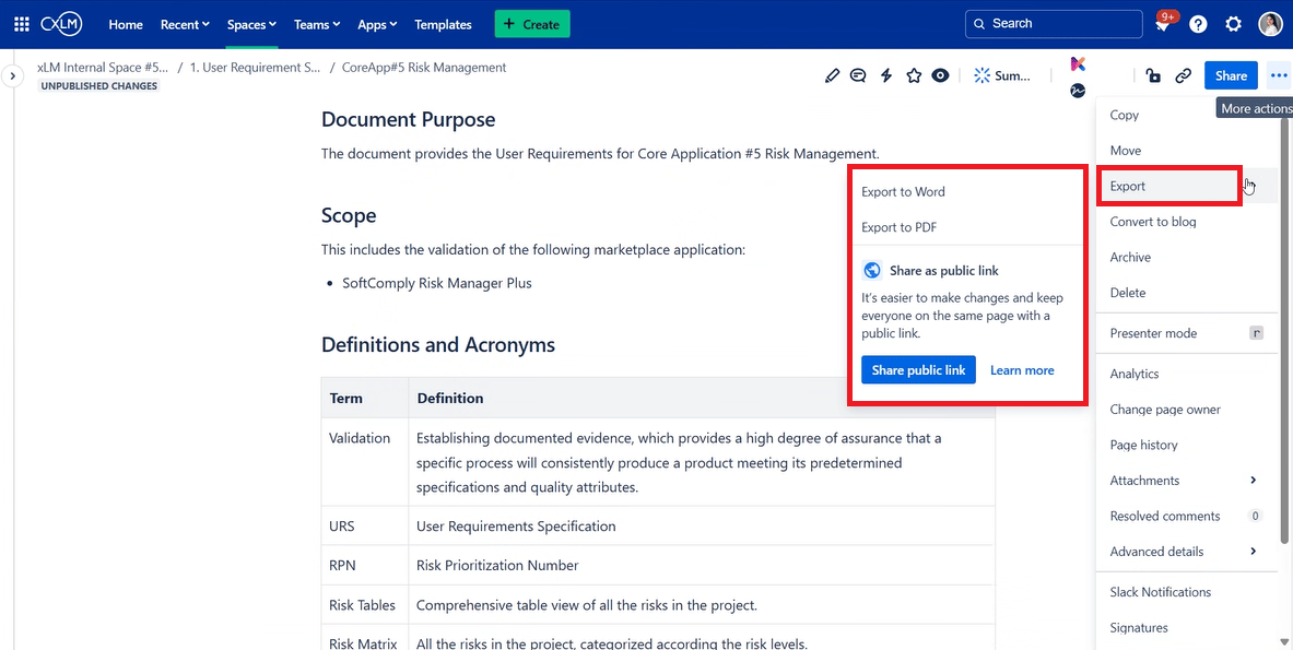 Export menu in ContinuousDM with options for PDF, Word, and secure document sharing links