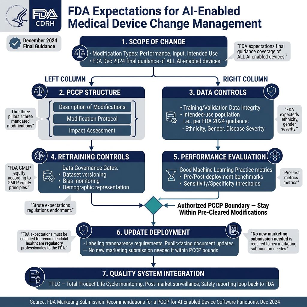 FDA PCCP guidance framework for AI-enabled medical device change management, continuous validation, and compliance