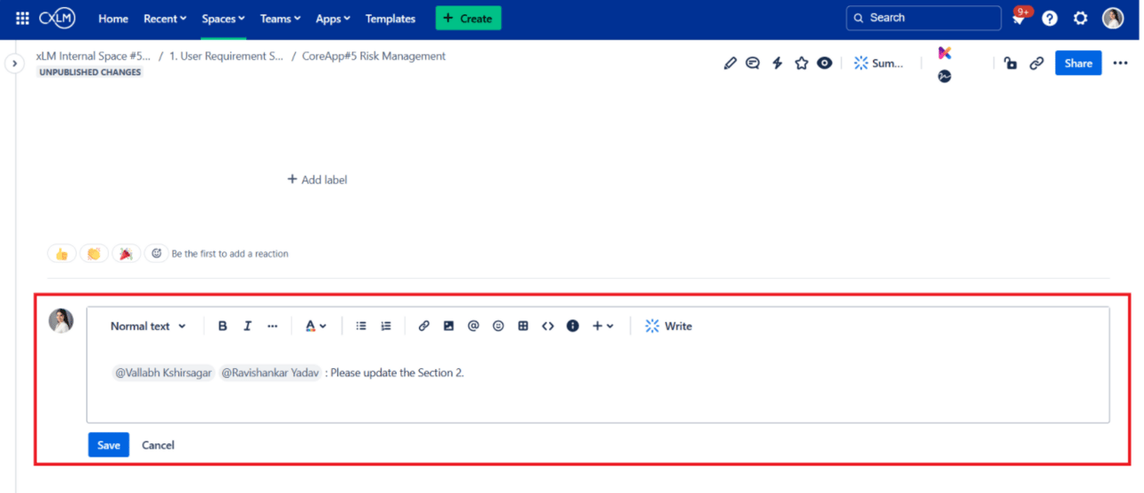 Comment box in ContinuousDM with user tagging, collaboration features, and rich text formatting tools