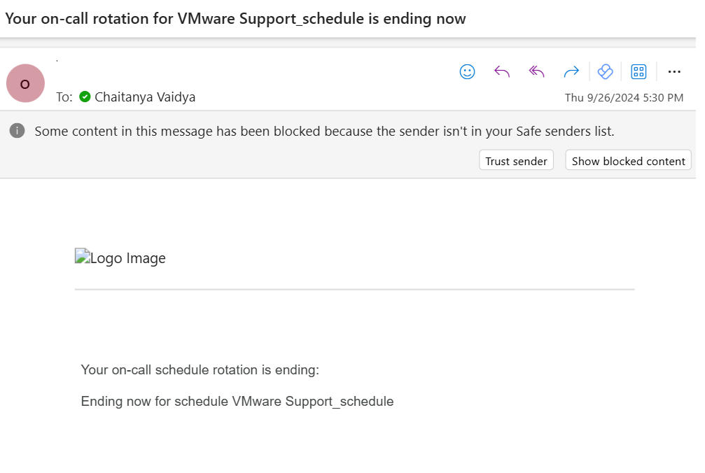 Email notification showing end of on-call rotation for VMware team scheduled on September 26, 2024