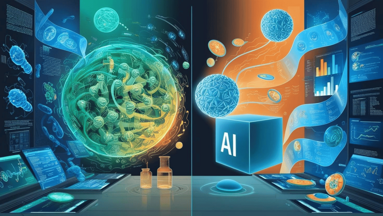 AI analyzing biomedical data, molecules, and charts to solve GxP life sciences challenges