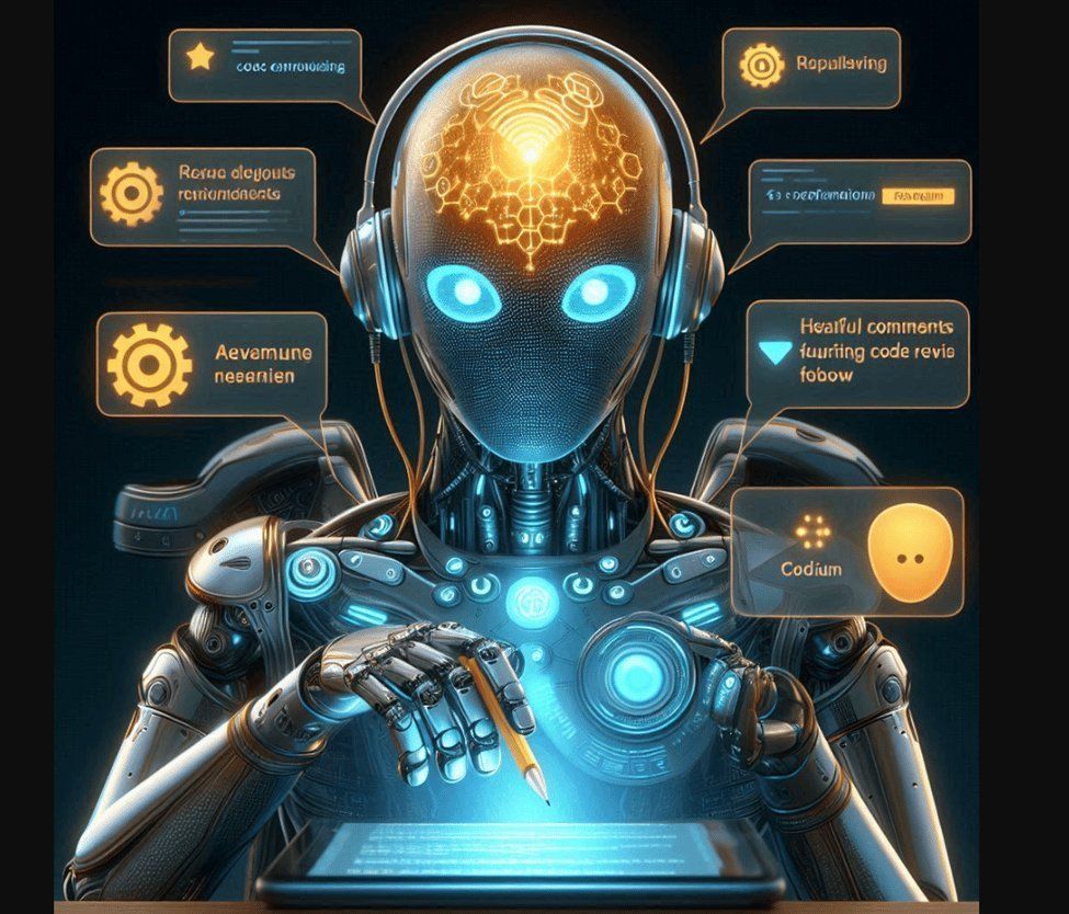 GenAI code agent writing compliant code with floating PR-Agent and comment icons in futuristic workspace